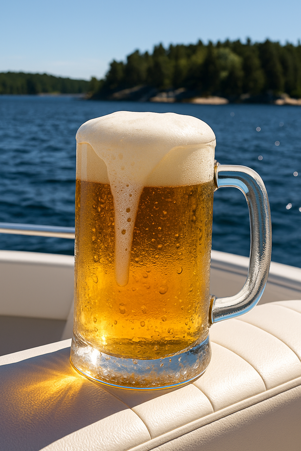 Frosty beer mug on a boat railing